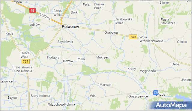 mapa Mokrzec gmina Potworów, Mokrzec gmina Potworów na mapie Targeo