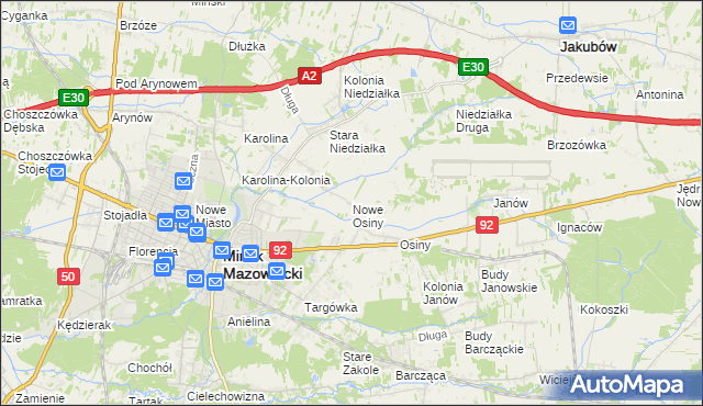 mapa Nowe Osiny, Nowe Osiny na mapie Targeo