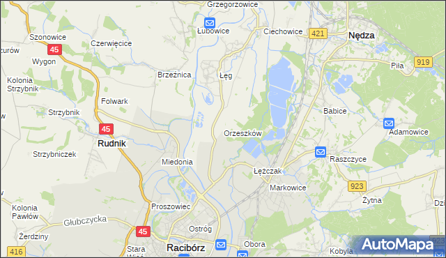 mapa Orzeszków gmina Nędza, Orzeszków gmina Nędza na mapie Targeo