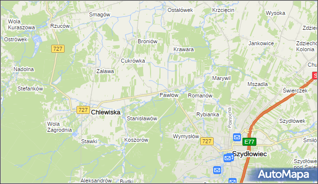 mapa Pawłów gmina Chlewiska, Pawłów gmina Chlewiska na mapie Targeo