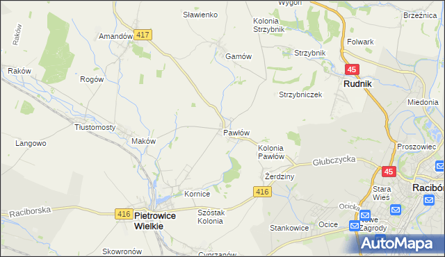 mapa Pawłów gmina Pietrowice Wielkie, Pawłów gmina Pietrowice Wielkie na mapie Targeo
