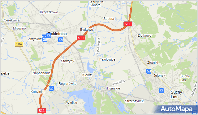 mapa Pawłowice gmina Rokietnica, Pawłowice gmina Rokietnica na mapie Targeo