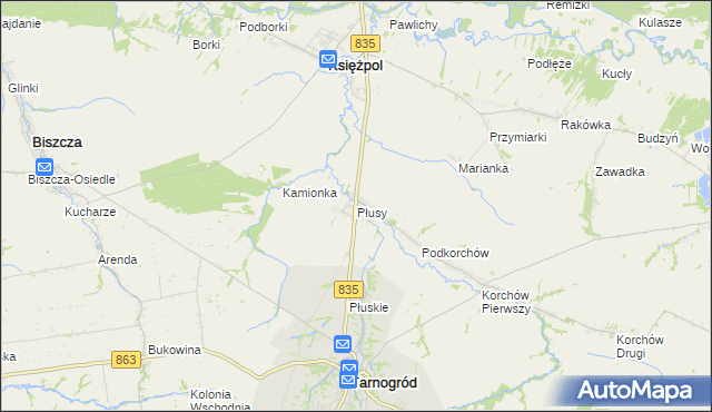 mapa Płusy gmina Księżpol, Płusy gmina Księżpol na mapie Targeo