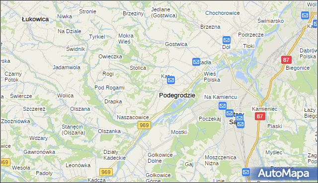 mapa Podegrodzie powiat nowosądecki, Podegrodzie powiat nowosądecki na mapie Targeo