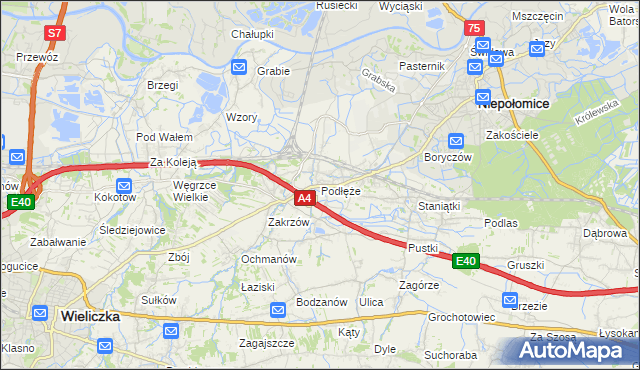 mapa Podłęże gmina Niepołomice, Podłęże gmina Niepołomice na mapie Targeo