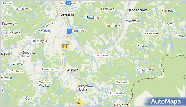 mapa Przyborów gmina Jeleśnia, Przyborów gmina Jeleśnia na mapie Targeo
