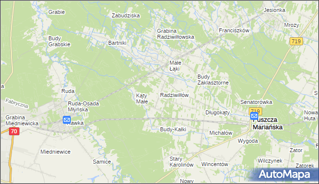 mapa Radziwiłłów gmina Puszcza Mariańska, Radziwiłłów gmina Puszcza Mariańska na mapie Targeo