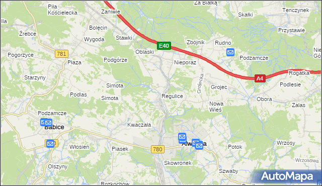 mapa Regulice gmina Alwernia, Regulice gmina Alwernia na mapie Targeo