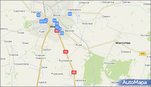 mapa Ruda gmina Wieluń, Ruda gmina Wieluń na mapie Targeo