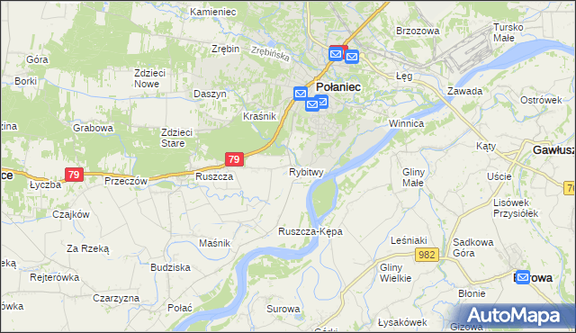 mapa Rybitwy gmina Połaniec, Rybitwy gmina Połaniec na mapie Targeo