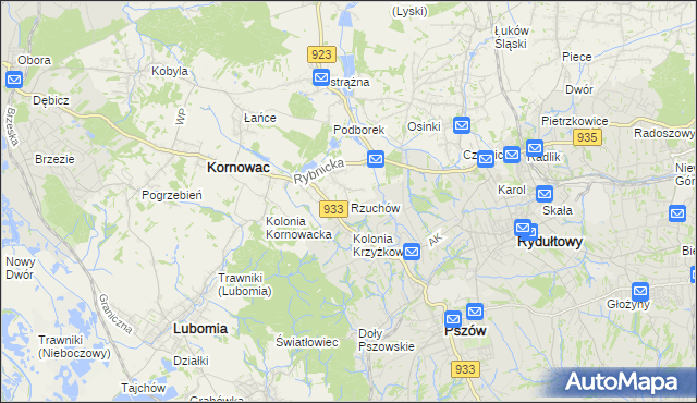 mapa Rzuchów gmina Kornowac, Rzuchów gmina Kornowac na mapie Targeo