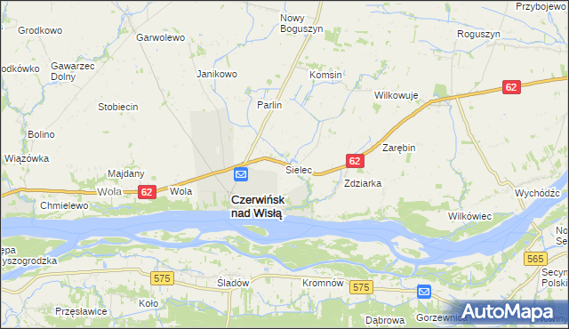 mapa Sielec gmina Czerwińsk nad Wisłą, Sielec gmina Czerwińsk nad Wisłą na mapie Targeo