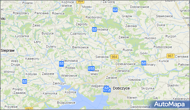 mapa Sieraków gmina Dobczyce, Sieraków gmina Dobczyce na mapie Targeo