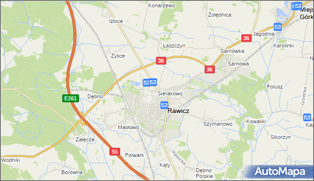 mapa Sierakowo gmina Rawicz, Sierakowo gmina Rawicz na mapie Targeo