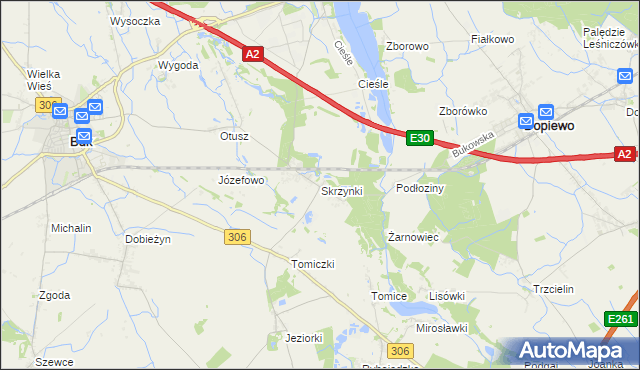 mapa Skrzynki gmina Stęszew, Skrzynki gmina Stęszew na mapie Targeo