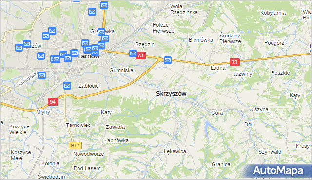 mapa Skrzyszów powiat tarnowski, Skrzyszów powiat tarnowski na mapie Targeo