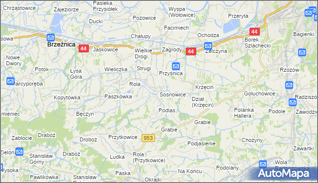 mapa Sosnowice gmina Brzeźnica, Sosnowice gmina Brzeźnica na mapie Targeo
