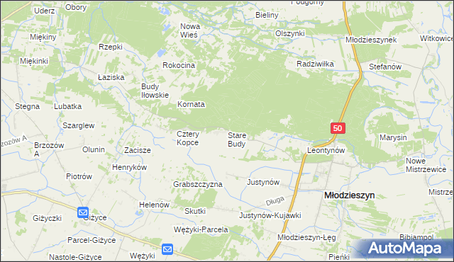 mapa Stare Budy gmina Młodzieszyn, Stare Budy gmina Młodzieszyn na mapie Targeo