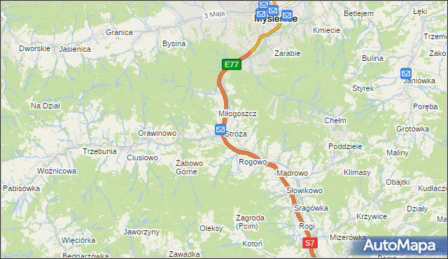 mapa Stróża gmina Pcim, Stróża gmina Pcim na mapie Targeo