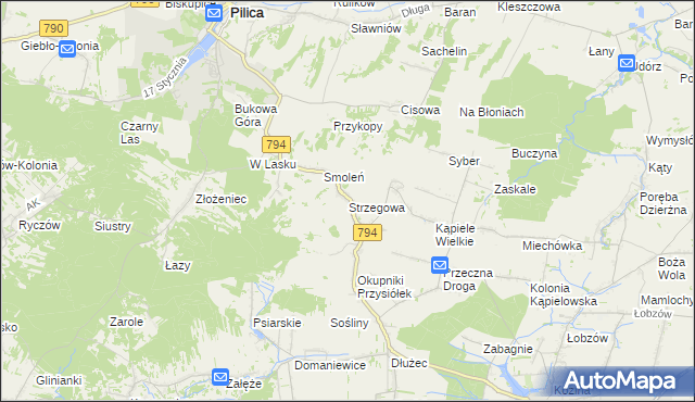 mapa Strzegowa gmina Wolbrom, Strzegowa gmina Wolbrom na mapie Targeo