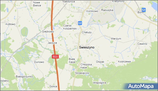 mapa Świeszyno powiat koszaliński, Świeszyno powiat koszaliński na mapie Targeo
