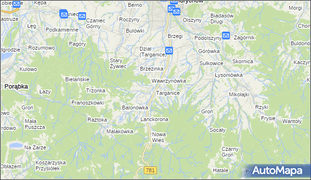 mapa Targanice, Targanice na mapie Targeo