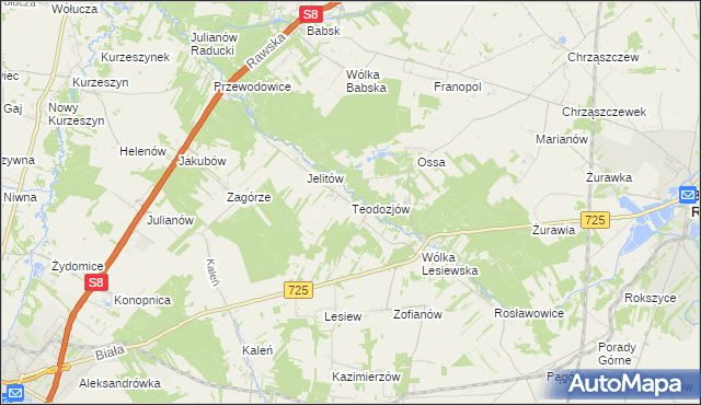 mapa Teodozjów gmina Biała Rawska, Teodozjów gmina Biała Rawska na mapie Targeo