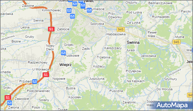 mapa Trzebinia gmina Świnna, Trzebinia gmina Świnna na mapie Targeo