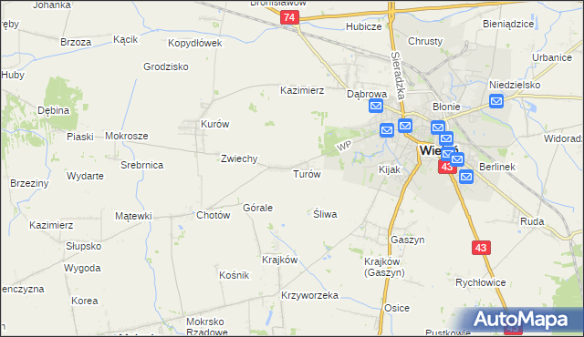 mapa Turów gmina Wieluń, Turów gmina Wieluń na mapie Targeo