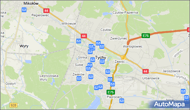 mapa Tychów, Tychy na mapie Targeo
