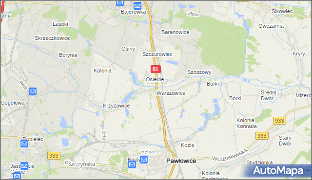 mapa Warszowice, Warszowice na mapie Targeo