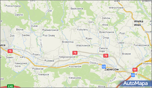 mapa Więckowice gmina Zabierzów, Więckowice gmina Zabierzów na mapie Targeo