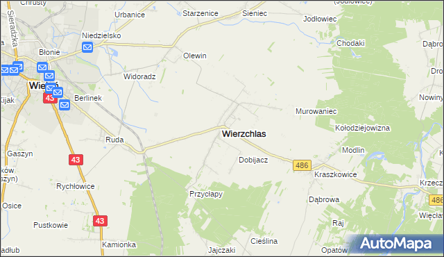 mapa Wierzchlas powiat wieluński, Wierzchlas powiat wieluński na mapie Targeo