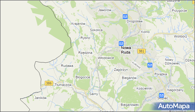 mapa Włodowice gmina Nowa Ruda, Włodowice gmina Nowa Ruda na mapie Targeo