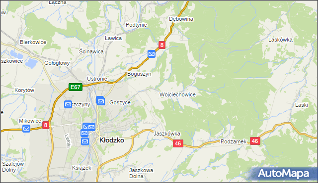 mapa Wojciechowice gmina Kłodzko, Wojciechowice gmina Kłodzko na mapie Targeo