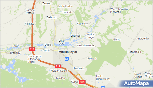mapa Wolica-Kolonia gmina Modliborzyce, Wolica-Kolonia gmina Modliborzyce na mapie Targeo