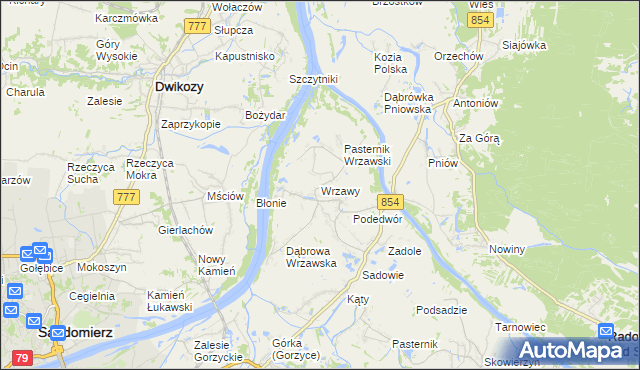mapa Wrzawy gmina Gorzyce, Wrzawy gmina Gorzyce na mapie Targeo