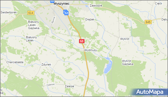 mapa Wydmusy, Wydmusy na mapie Targeo