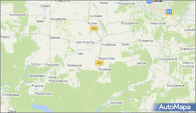 mapa Wypychów gmina Zelów, Wypychów gmina Zelów na mapie Targeo