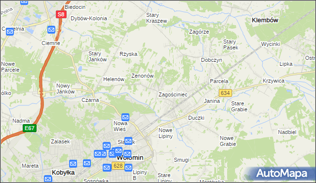 mapa Zagościniec gmina Wołomin, Zagościniec gmina Wołomin na mapie Targeo