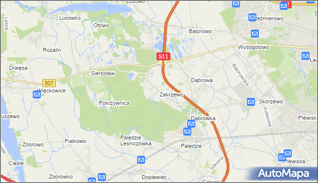 mapa Zakrzewo gmina Dopiewo, Zakrzewo gmina Dopiewo na mapie Targeo
