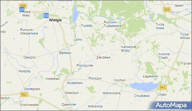 mapa Zakrzewo gmina Wielgie, Zakrzewo gmina Wielgie na mapie Targeo