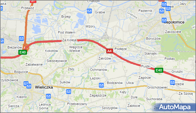 mapa Zakrzów gmina Niepołomice, Zakrzów gmina Niepołomice na mapie Targeo