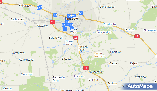 mapa Zielona Łąka gmina Pleszew, Zielona Łąka gmina Pleszew na mapie Targeo
