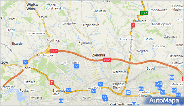 mapa Zielonki powiat krakowski, Zielonki powiat krakowski na mapie Targeo