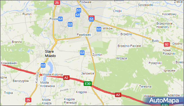 mapa Żychlin gmina Stare Miasto, Żychlin gmina Stare Miasto na mapie Targeo