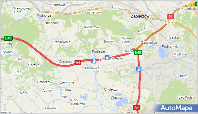 mapa Aleksandrowice gmina Zabierzów, Aleksandrowice gmina Zabierzów na mapie Targeo