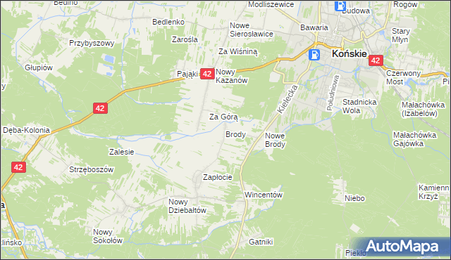 mapa Brody gmina Końskie, Brody gmina Końskie na mapie Targeo