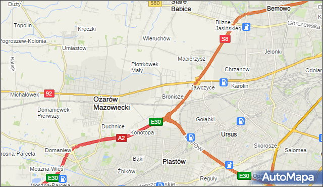 mapa Bronisze gmina Ożarów Mazowiecki, Bronisze gmina Ożarów Mazowiecki na mapie Targeo