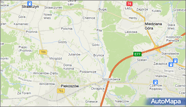 mapa Brynica gmina Piekoszów, Brynica gmina Piekoszów na mapie Targeo